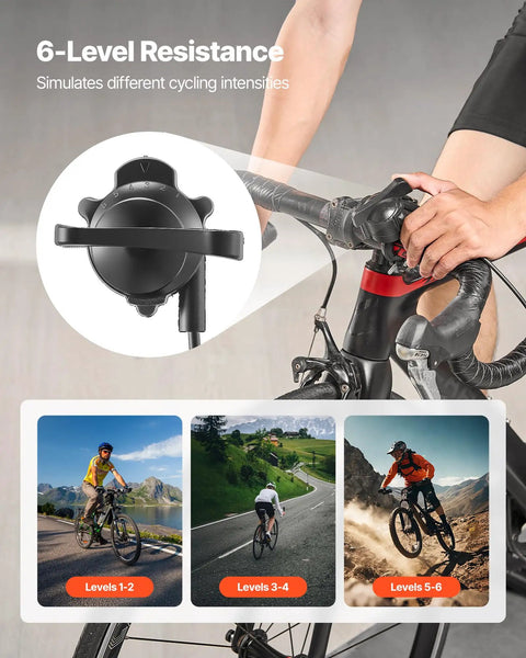 Foldable Magnetic Bike Trainer With Six Level Resistance control knob and cycling intensity simulation images