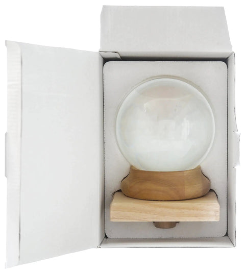 Crystal Ball Newel Post Cap Finial for Staircase Railings 6 Inch Diameter in packaging with wooden base visible