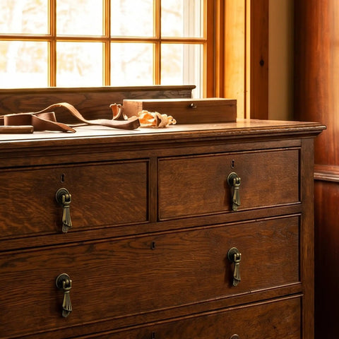 Antique wooden dresser with Vintage Twisted Ribbon Cabinet Pull Set, Antique Bronze Single Hole Drawer Pulls For Kitchen Cabinets
