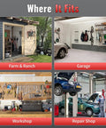 Wall mount organizer in use at farm, garage, workshop, and repair shop for heavy duty jack stand and tools storage.