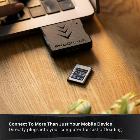 ProGrade CFexpress Type A single slot mobile card reader with USB C 3.2 Gen 2 next to laptop for fast file transfers on-the-go.
