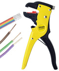 Wire Stripping Tool For 14-24 AWG Cables, Automatic Stripping Pliers For Speaker Wire And Flat Ribbon Cable, Adjustable Stop, Pro-Grade Electrician Gear For Automotive Repair And DIY Wiring Projects alongside stripped wires.