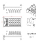 Technical drawing of Six Channel DC Power Fuse Distribution Strip Module with DIN Rail Mount, dimensions included