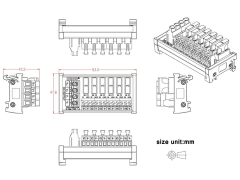 Technical drawing of Six Channel DC Power Fuse Distribution Strip Module with DIN Rail Mount, dimensions included
