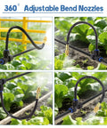 Outdoor Misting Cooling System Kit with 100 ft misting line and 25 brass 360 degree adjustable nozzles shown watering garden plants.