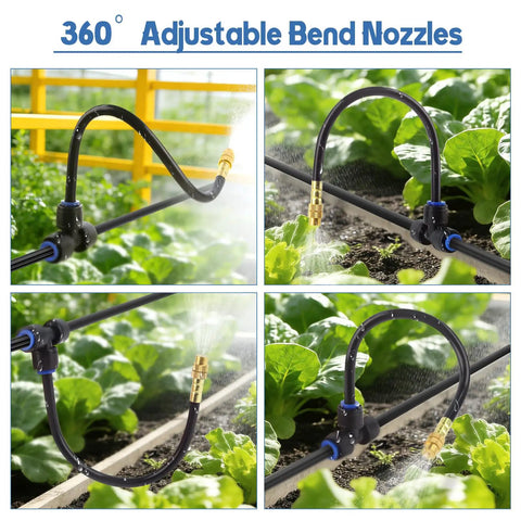 Outdoor Misting Cooling System Kit with 100 ft misting line and 25 brass 360 degree adjustable nozzles shown watering garden plants.