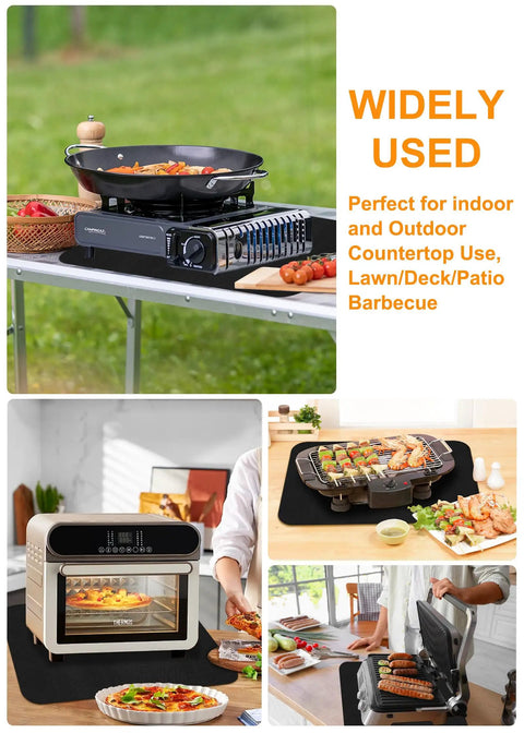 Large 24 By 31 Inch Heat Resistant Grill Mat For Countertops And Tables under various cooking appliances, used on table and grass surface.