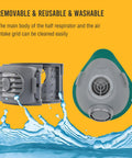 Reusable Half Face Respirator Mask With 2818 Silicone Dust Mask For Painting Cleaning And Sanding, grey face piece and side filter view.