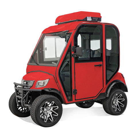 Rugged Electric Golf Cart Featuring True HVAC Heating And Climate Control 48V Ac Motor Smooth Handling Chassis, glossy red design.