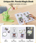 Easy Peasy DIY Button Maker Kit For Badges And Key Chains, 75mm Plastic Pin Press With 100 Button Parts, Circle Cutter And Guide Book, Reinforced Ergonomic Handle, Green on table with illustrated guide book open to Mr. Panda designs.