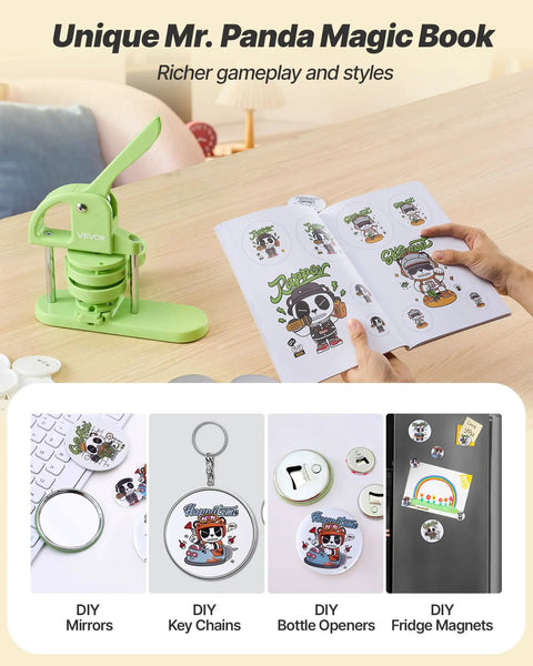 Easy Peasy DIY Button Maker Kit For Badges And Key Chains, 75mm Plastic Pin Press With 100 Button Parts, Circle Cutter And Guide Book, Reinforced Ergonomic Handle, Green on table with illustrated guide book open to Mr. Panda designs.
