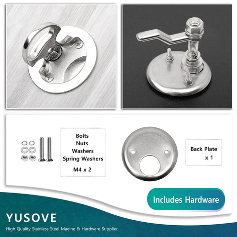Boat Cam Latch 316 Stainless Steel Flush Mount Hatch Lift Pull with back plate and mounting fasteners on marine deck surface