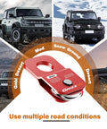 4.8T Heavy Duty Beefed Up Winch Snatch Block For Off Road Recovery, 10,500 Lb Working Load, Compatible With Synthetic Rope Or Steel Cable, Red Recovery Pulley For Tough Trails. Red off-road winch snatch block with trucks on mud, snow, desert, and ground