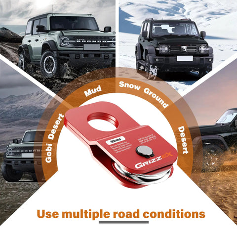 4.8T Heavy Duty Beefed Up Winch Snatch Block For Off Road Recovery, 10,500 Lb Working Load, Compatible With Synthetic Rope Or Steel Cable, Red Recovery Pulley For Tough Trails. Red off-road winch snatch block with trucks on mud, snow, desert, and ground
