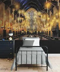 Multicolor Harry Potter Great Hall Peel And Stick Wall Mural Seven Panels Covers About Sixty Three Square Feet Easy Dope Paste Free Application Ideal For Dorms Or Teen Rooms applied over a bed in a room