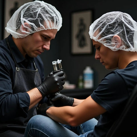 Two people in a tattoo shop wearing breathable disposable bouffant caps with elastic edge for a secure fit, demonstrating usage.