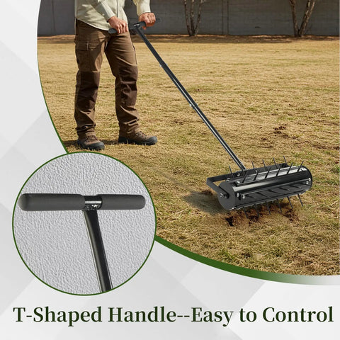 Rolling Lawn Aerator With T Shaped Handle 17 Inch Width 36 Reinforced Steel Spikes For Deep Soil Penetration
