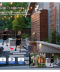 6Mp Dual Lens Wifi NVR Surveillance Camera Kit capturing auto tracking of a child running on stone pathway in backyard.