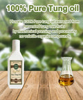 100 Percent Pure Tung Oil 12 Oz Natural Wood Finish For Furniture And Crafts Non Toxic Fast Drying Clear Sealant For Hardwood And Diy Projects Straight Fire Grade in a white bottle on wood table.