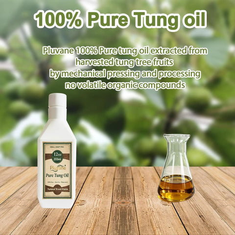 100 Percent Pure Tung Oil 12 Oz Natural Wood Finish For Furniture And Crafts Non Toxic Fast Drying Clear Sealant For Hardwood And Diy Projects Straight Fire Grade in a white bottle on wood table.