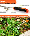 3-In-1 Weed Puller Set With 4-Tine Uprooter And Crevice Weeder showing V-shaped weeder tool with ergonomic handle on garden soil.