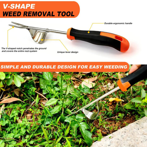 3-In-1 Weed Puller Set With 4-Tine Uprooter And Crevice Weeder showing V-shaped weeder tool with ergonomic handle on garden soil.