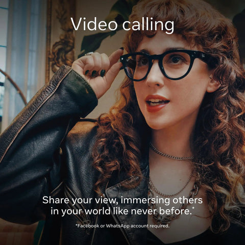 Person wearing Meta Gen 1 Skyler Smart AI Glasses for men and women with 12 MP camera, featured in video calling mode.