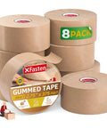 Eight pack of Water Activated Tape With Fiberglass Reinforced Backing For Extra Strength Brown Kraft Paper Packaging Roll 2.75 inch by 375 feet