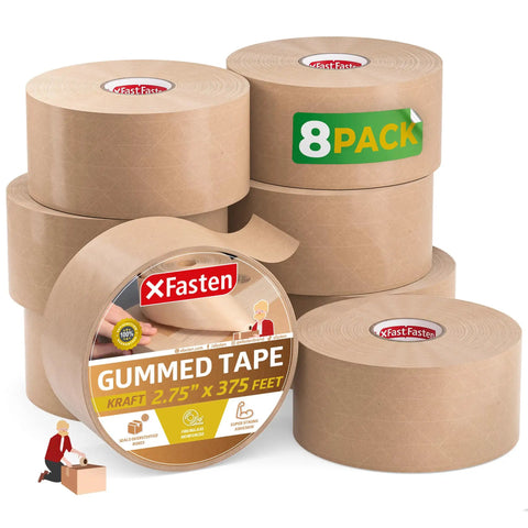 Eight pack of Water Activated Tape With Fiberglass Reinforced Backing For Extra Strength Brown Kraft Paper Packaging Roll 2.75 inch by 375 feet