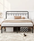 Rock Solid Full Size Bed Frame With Sleek Minimalist Headboard In Matte Black Modern Platform Setup with cozy bedding.