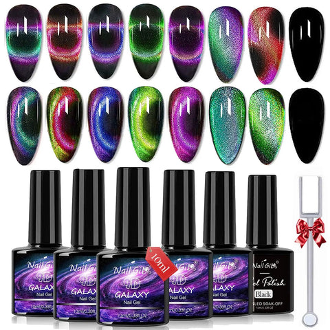 Cat Eye Gel Nail Polish Kit With Magnetic Stick 9D Dual Colors HEMA Free Galaxy Chameleon Effect UV LED Safe displayed