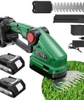Cordless Hedge Trimmer With Battery And Charger 2 In 1 Small Electric Hedge Trimmers Rechargeable Mini Handheld Grass Shears Weed Bush Trimmer For Garden And Lawn Quick Charge Includes 2X 3Ah Battery with accessories shown including blades, two lithium-ion batteries, and charger on grass surface