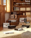 Library room with various storage boxes and binders on shelves and floor, soft sunlight pouring in through a window.