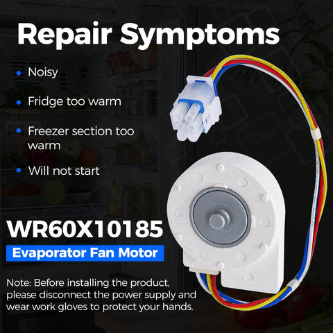 Evaporator Fan Motor Fits Fridge OEM Replacement with 6-pin connector, white, blue, red, yellow wires, shown with repair symptoms.