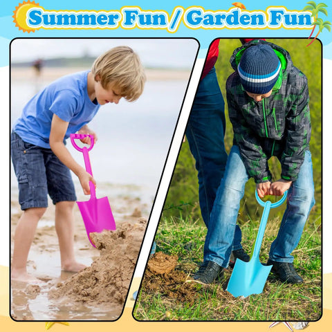 Children using Heavy Duty 16 Inch Beach Shovel Set Of 3 For Kids And Adults, Rugged Plastic Sand Diggers for outdoor fun in sand and garden.