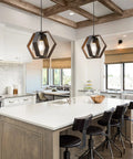Dope Farmhouse Hex Pendant Light For Kitchen Island And Hallway, Wood Grain And Black Finish, Adjustable Hanging Over Island