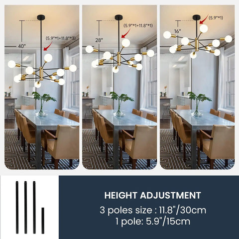 Sputnik Style Chandelier With Black And Gold Finish Sleek Dope Modern 10 Light Farmhouse Pendant Ceiling Light Fixture Height Adjustable Ideal For Kitchen Island Living Room Dining Room