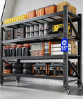 Super Beefy 4 Tier Rolling Garage Shelving Rack With Wheels For Heavy Duty Mobile Storage And Multipurpose Home Setup Easy Adjustable Layer Rows loaded with bins and tools in a garage.