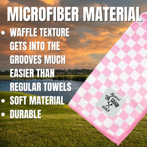 Pink Microfiber Golf Towel With Clip For Women 12x20 Inch Checkered Blue And White Design For Golf Bags Womens Golf Towel