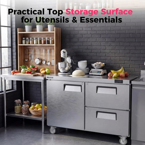 Sixty Inch Wide Commercial Undercounter Refrigerator With Drawer Door Combo Fifteen Point Three Cubic Feet Stainless Steel Worktop Fridge with prep surface.