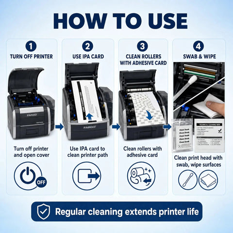 How to use Complete Card Printer Maintenance Kit Compatible With Fargo HDP Models, showing cleaning steps with IPA and adhesive cards.