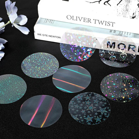 200 Pack 70mm Badge Protective Film In 8 Holographic Styles with Transparent Glitter Coating for 58mm Button Makers
