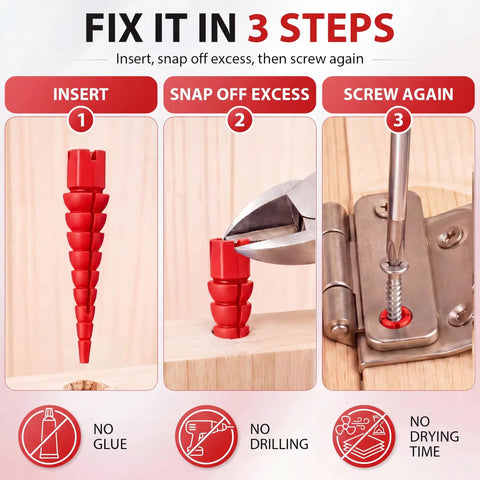 45 Piece Stripped Screw Hole Repair Kit For Wood And Furniture Fixes For Door Hinges And Cabinets Fits Two To Sixteen Wood Screws With Push In Plugs Red DIY Friendly Cabinet Doors Drawers And Furniture Repair Anchors in 3-step use