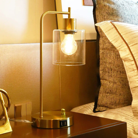 Golden Industrial Table Lamp With Two USB Ports And Glass Shade Vintage Desk Light Stepless Dimmable Bedside Reading Lamp