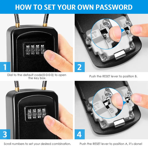 Instructions on setting up a 4-digit combination on the Outdoor Key Lock Box With 4-Digit Combination, Tough-As-Nails Water-Resistant Safe Box For 5 Keys, Removable Chain, Weatherproof Key Storage For Home, Warehouse, School, And Realtors.