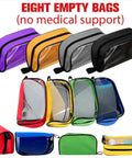 Front view: eight empty first-aid bags in assorted colors with clear windows and zippers.