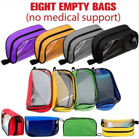 Front view: eight empty first-aid bags in assorted colors with clear windows and zippers.