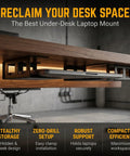Under Desk Laptop Mount Rack with sturdy iron frame, storing a laptop, space-saving design, ideal for home office setup.