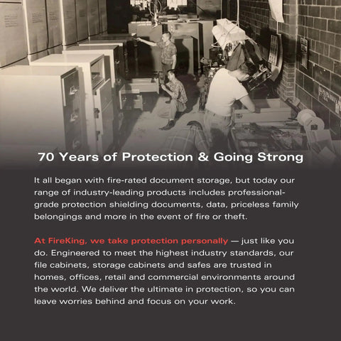 Vintage photo showcasing FireKing's safes and document storage, highlighting 70 years of protection and dedication to security.