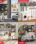 Heavy Duty Garage Shelving Set With Wire Baskets Wall Mounted Shelves in various rooms for organization and storage.